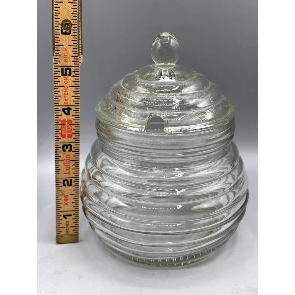 Vtg Clear Glass Beehive Honey Pot Ribbed Jar with Notched Lid Farmhouse Decor
